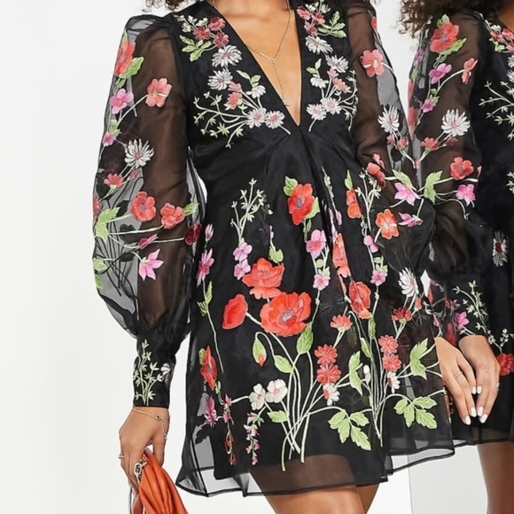 ASOS EDITION Long Sleeve Mini Dress with Meadow Floral Embroidery in Black - Picture 1 of 11